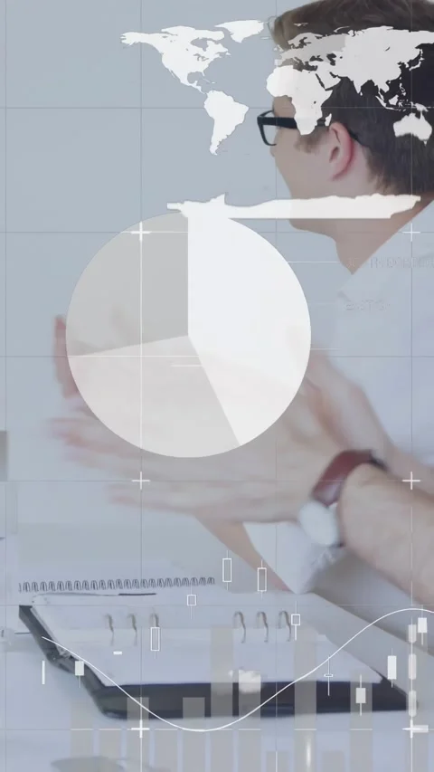 Vertical video: Team clapping as business pitch ends, animated data updating Stock Footage 329876614