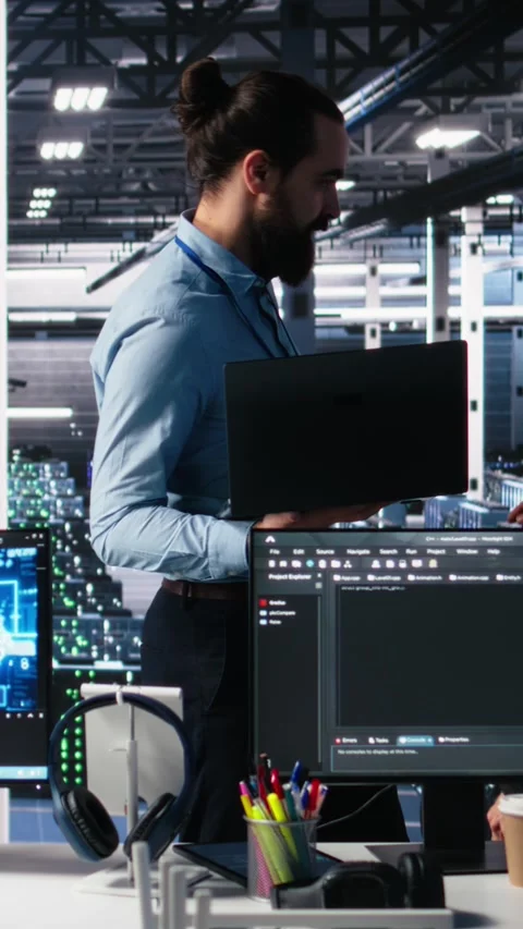 Vertical video Team of data center engineers using machine learning algorithms Stock-Footage 313455970