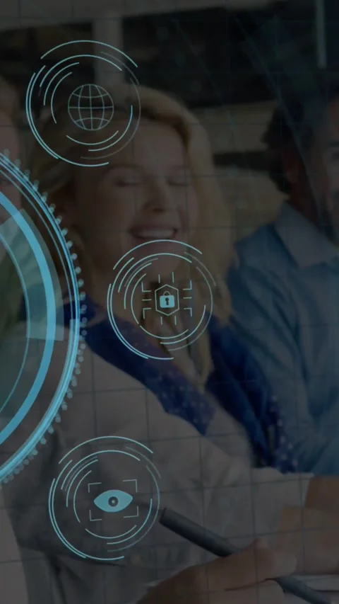 Vertical video: Team with DATA PROTECTION appearing HUD rings scanning print Stock Footage 331271096