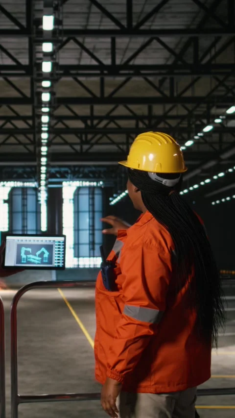 Vertical Video Team of engineers, robotics software, laptop tools, heavy Stock Footage 330028304