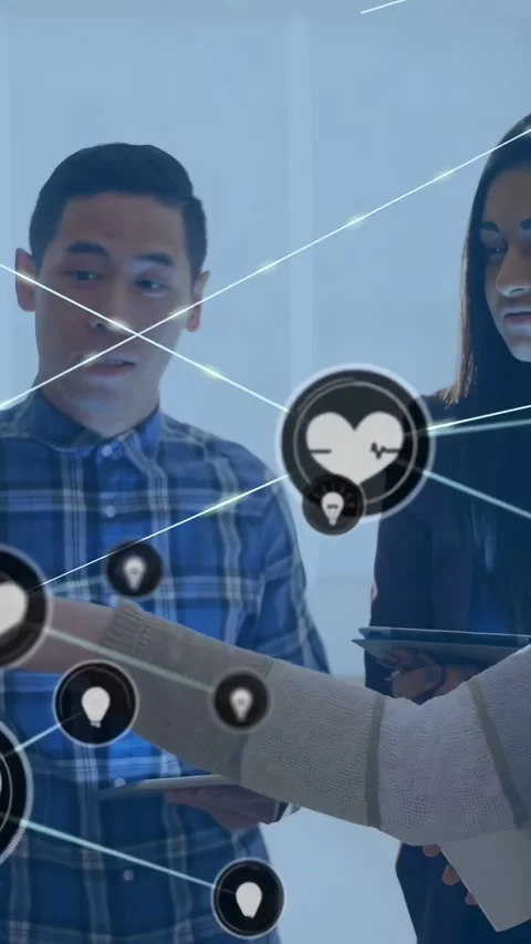 Vertical video: Team gesturing on glass, starting network and mapping tech ideas Stock Footage 334547641