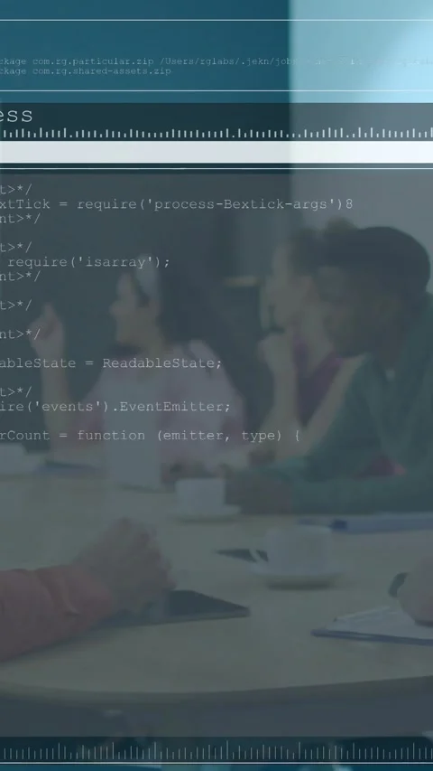 Vertical video: Team gesturing, initiating HUD overlay, code scrolling across Stock Footage 331009634