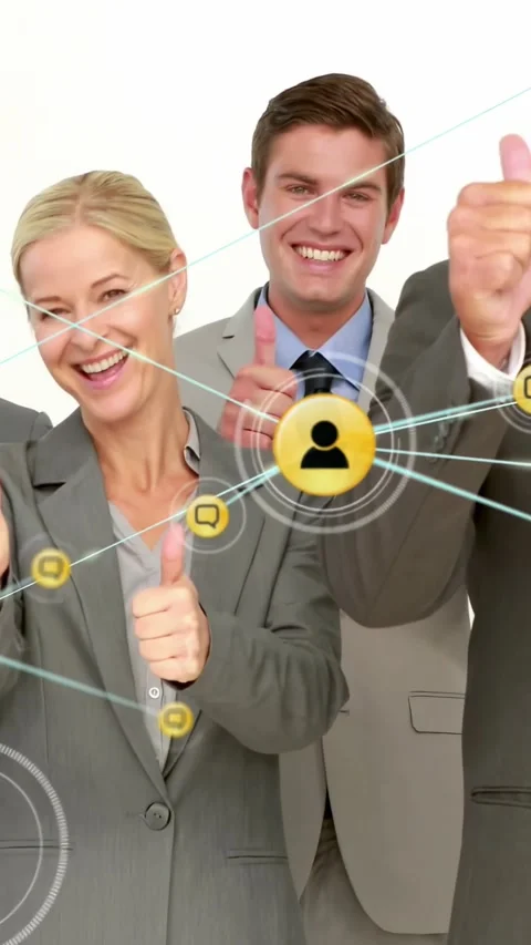 Vertical video: Team giving thumbs up user icon appearing on woman expanding Stock Footage 334599124