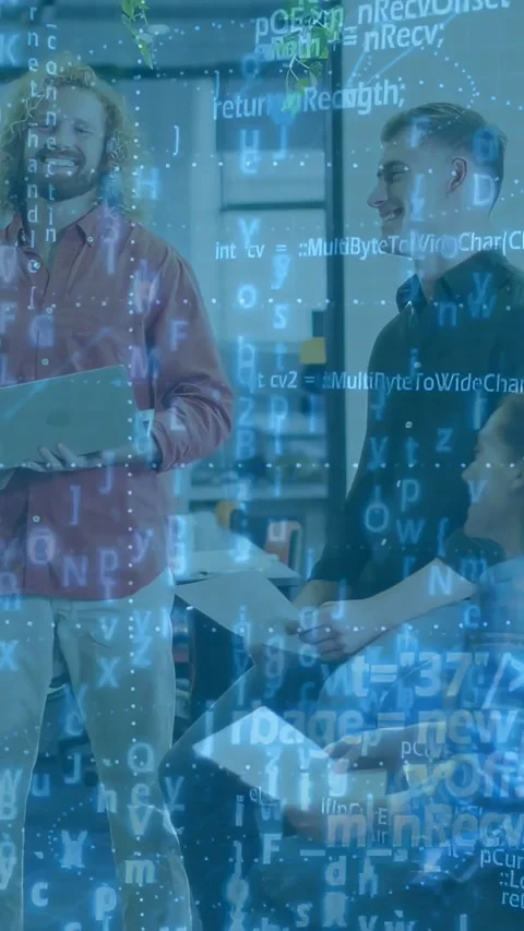 Vertical video: Team holding laptop, flipping papers starting tech review, code Stock Footage 333304060