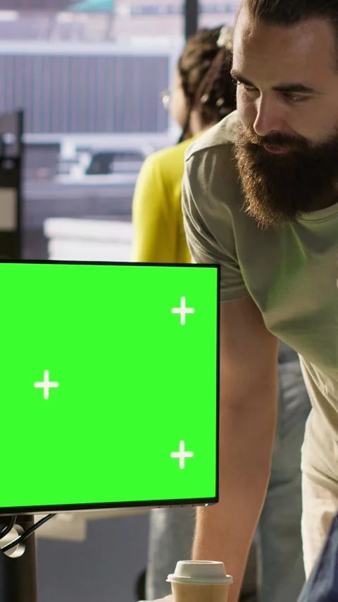 Vertical video Team of IT workers using green screen computer Stock Footage 319485595
