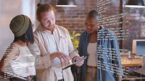 Vertical video: Team lead joining group causing man tapping tablet and Stock Footage 332732628