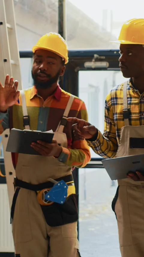 Vertical video: Team of men checking supplies and cargo in depot Stock Footage 231989072