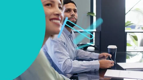 Vertical video: Team in office meeting, on cue blue shapes moving over table Stock Footage 332732509