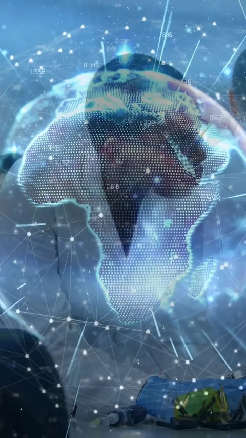 Vertical video: Team opening business meeting 3D globe turning showing network Stock Footage 331337029