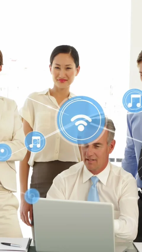 Vertical video: Team pointing, activating business HUD with node icons above Stock Footage 334600774