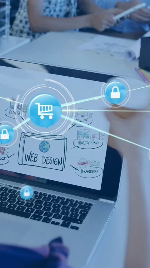 Vertical video: Team pointing at laptop tapping tablet and starting cart lock Stock Footage 329961681