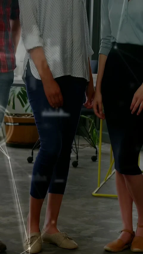 Vertical video: Team posing and smiling with camera rising as network overlay Stock Footage 335513231