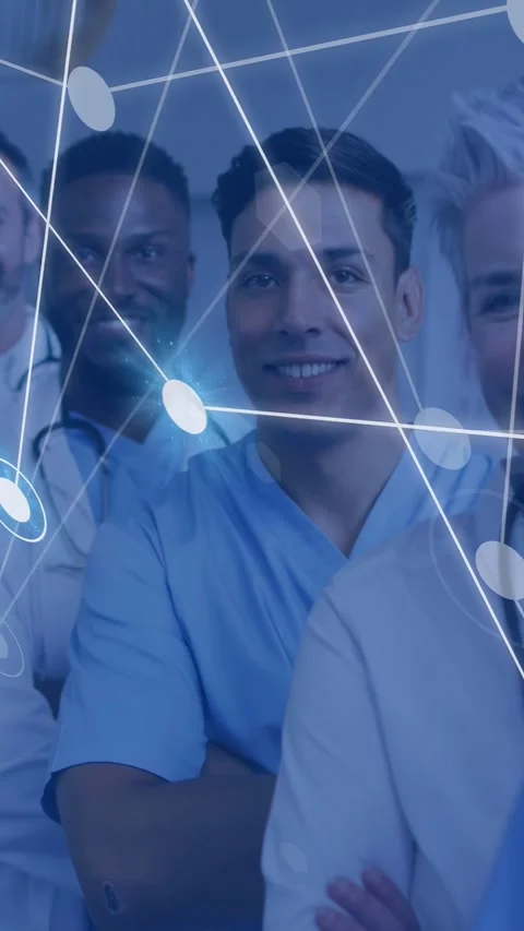 Vertical video: Team posing in hall, camera shifting and sparking node map over Stock Footage 340133422
