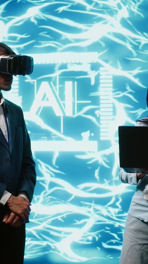 Vertical video Team of programmers interacting with AI visualization using VR Stock Footage 278375600