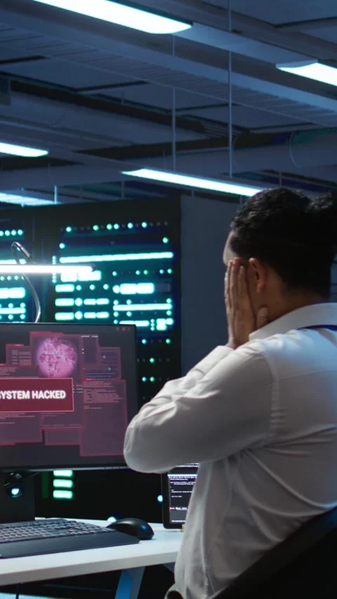 Vertical video Team of programmers in server hub trying to protect hardware from Stock Footage 280516651