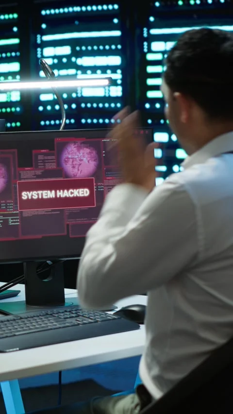 Vertical video Team of programmers in server hub trying to protect hardware from Stock Footage 280608919