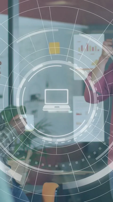 Vertical video: Team raising bar chart by glass, gesturing, HUD showing laptop Stock Footage 334598825