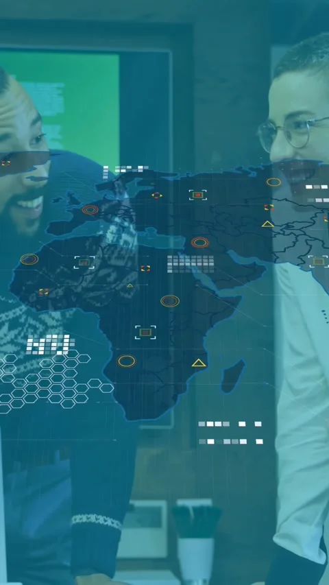 Vertical video: Team reading docs in tech meeting peer pointing and causing map Stock Footage 332546775