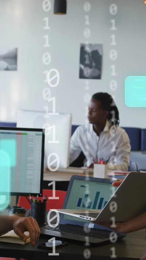 Vertical video: Team reviewing data chart peer gesturing causing teal overlay Stock Footage 333259614