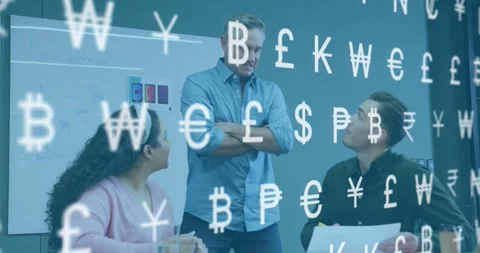 Vertical video: Team reviewing docs, lead joining for finance review, symbols Stock Footage 331404450