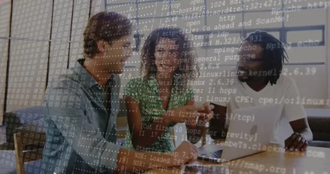 Vertical video: Team reviewing software on laptop, woman typing causing terminal Stock Footage 333904961