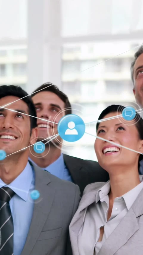 Vertical video: Team seeing chest-wave starting user icon adding nodes linking Stock Footage 334396999