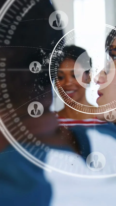 Vertical video: Team shifting focus in business meeting, HUD fading in centering Stock Footage 333157427