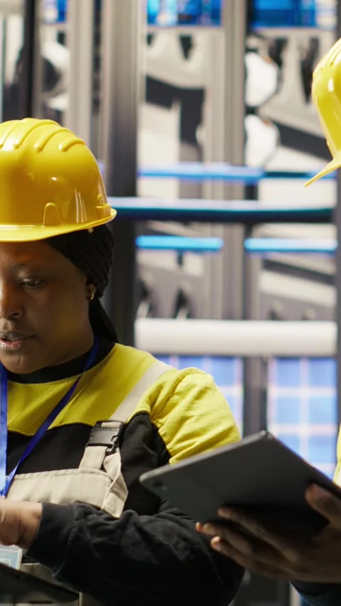 Vertical video Team of smart factory mechanics working together to test systems Stock Footage 307070164