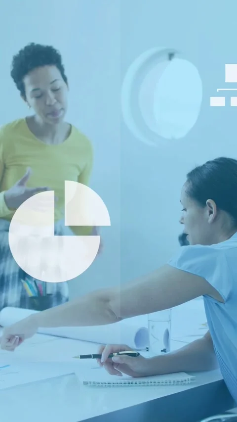 Vertical video: Team speaking, causing cloud icon and charts overlay plans, Stock Footage 333527675