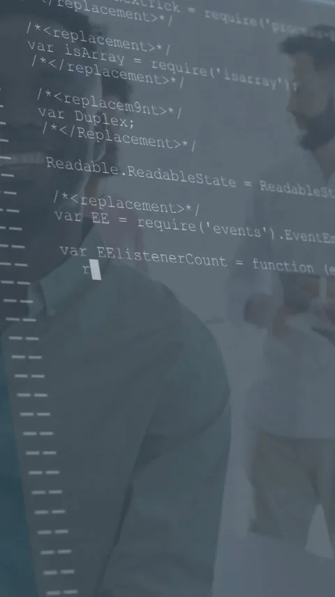 Vertical video: Team talking in tech hub, system sparking code overlay Stock Footage 331009653