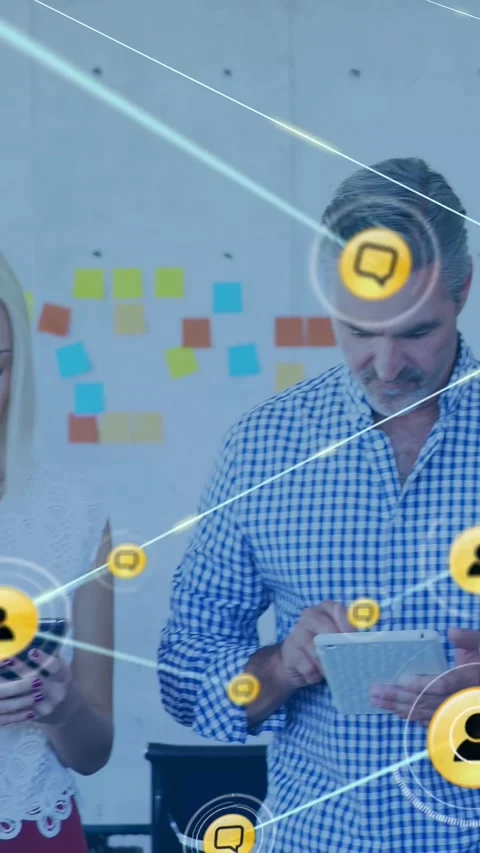 Vertical video: Team tapping devices, overlay linking icons across tech, ending Видео 330395080