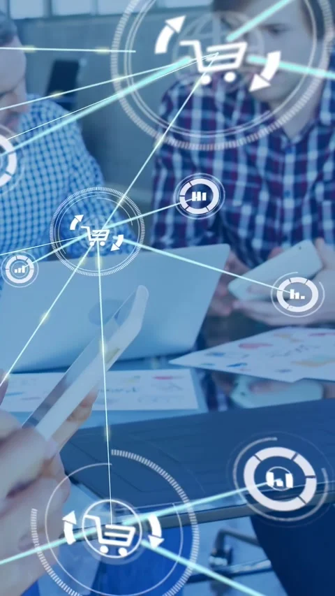Vertical video: Team tapping devices, tablet input initiating commerce HUD with Stock Footage 334541333