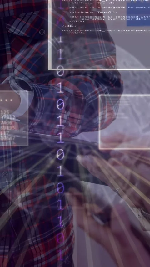 Vertical video: Team tapping devices, intensifying binary globe overlay while Stock Footage 334859698