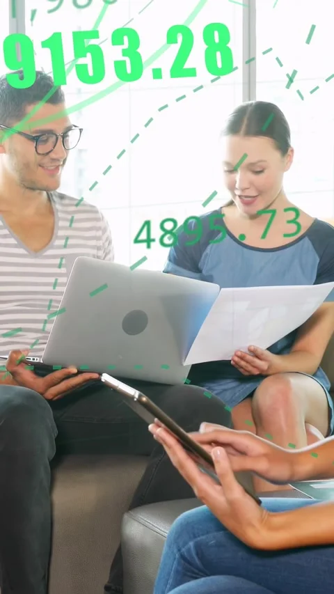 Vertical video: Team tapping phone and using laptop, causing green data overlay Stock Footage 333513253