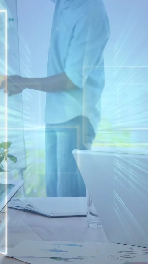 Vertical video: Team tapping tablet, host placing notes while animated arrows Stock Footage 340133482