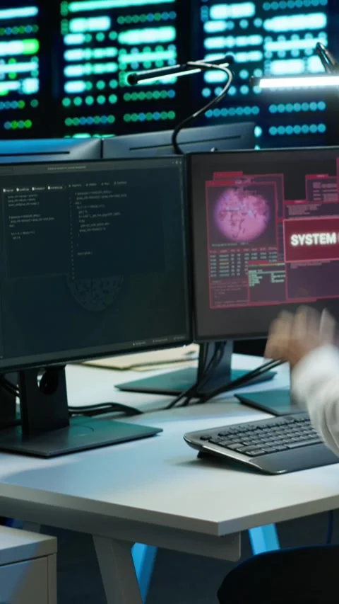 Vertical video Team of technicians in server hub alerted by hacker passing Stock Footage 280610480