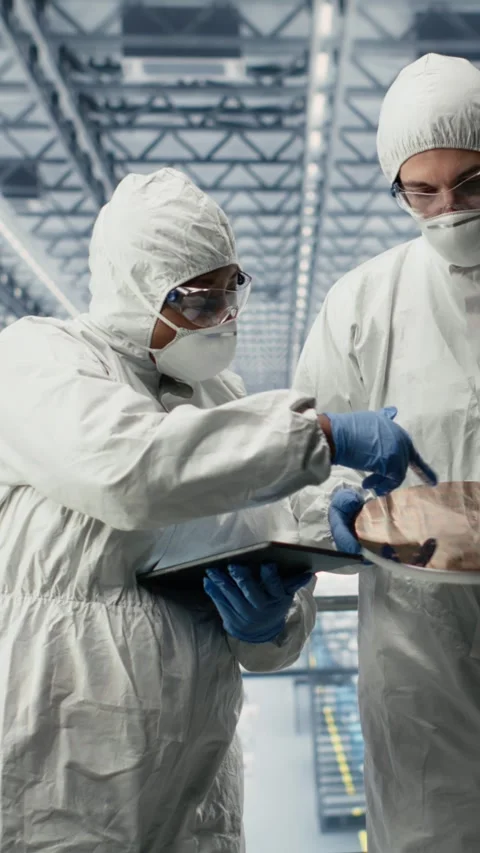 Vertical video Team of technicians in silicon wafer production facility innovate Stock Footage 333613929