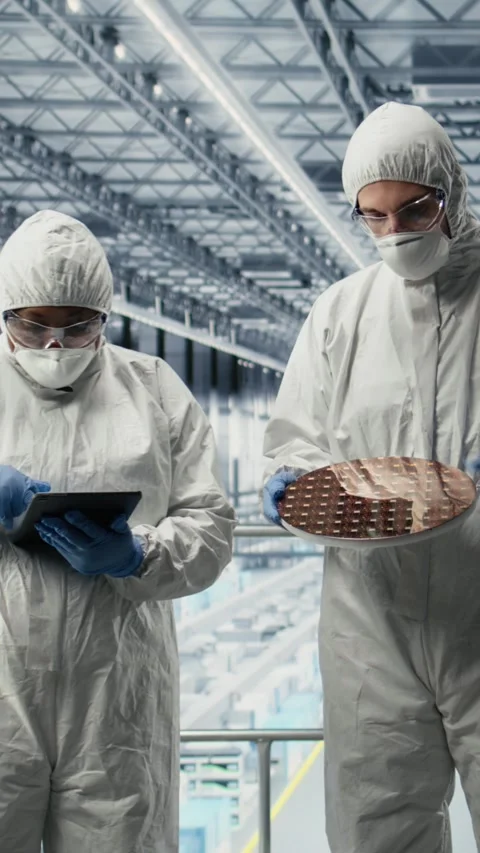 Vertical video Team of technicians in silicon wafer production facility innovate Stock Footage 333614311