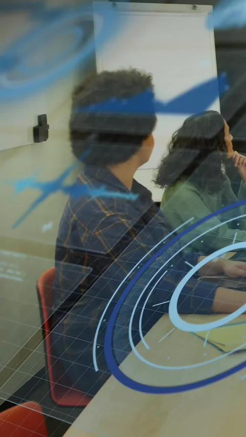 Vertical video: Team turning to right speaker watching business demo, blue AR Stock Footage 334549904