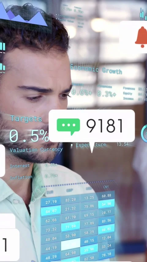 Vertical video: Team using phone while charts, alerts floating as bearded man Stock Footage 333236584