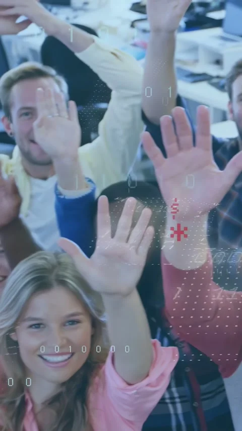 Vertical video: Team waving to lens, camera shifting, binary overlay celebrating Stock Footage 334600630