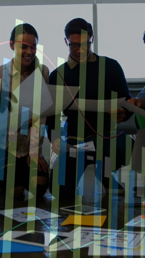 Vertical video: Team workshop prompt sorting pages as data bars rising across Stock Footage 332775299