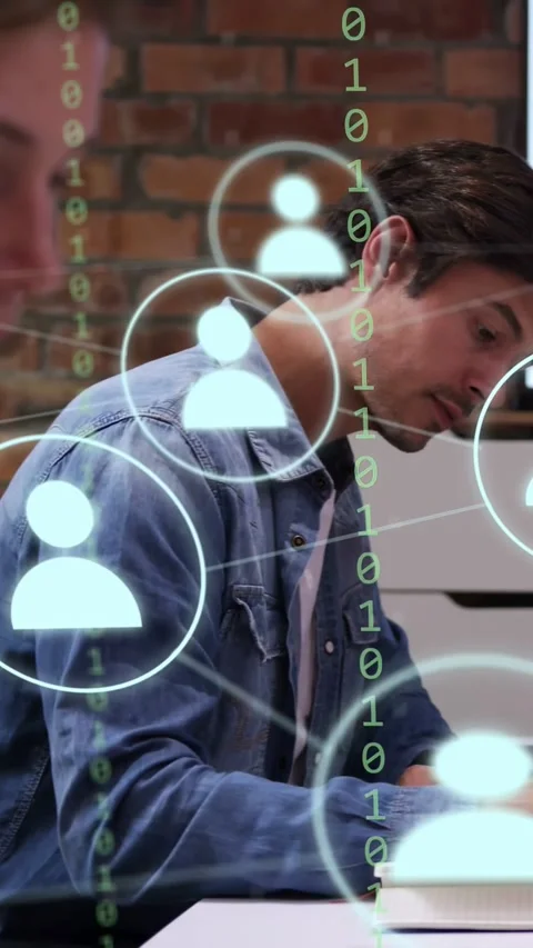 Vertical video: Team writing on laptop, camera holding causing user icons Stock Footage 334046983