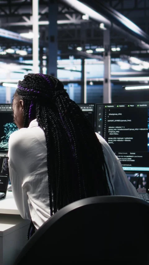 Vertical video Teamworking data center technicians using machine learning Stock Footage 313456714