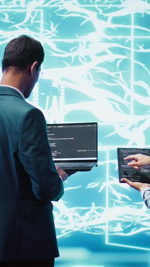 Vertical video Teamworking IT staff members using AI system aiding in processing Stock Footage 278375826