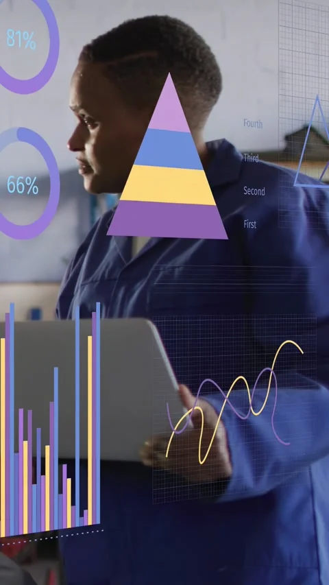 Vertical video: Tech in blue holding tablet causing charts, bars and pyramid Stock Footage 335513589