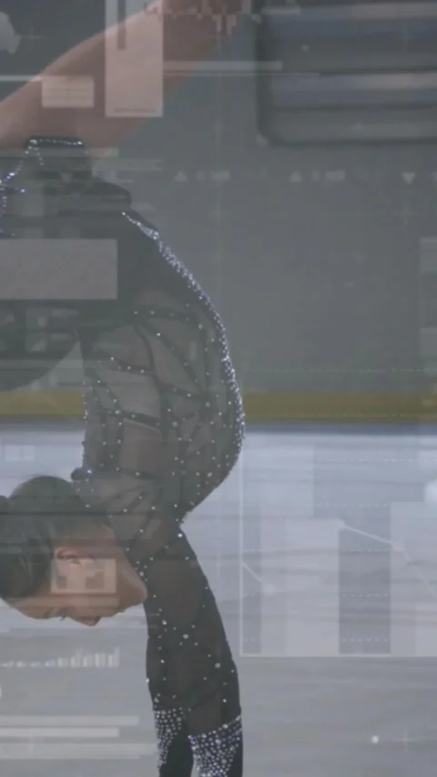Vertical video: Tech charts overlaying skater entering, moving from inverted to Stock Footage 330581118