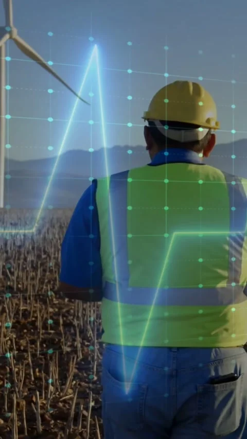 Vertical video: Tech checking wind turbine data driving neon grid over him and Stock Footage 334547424