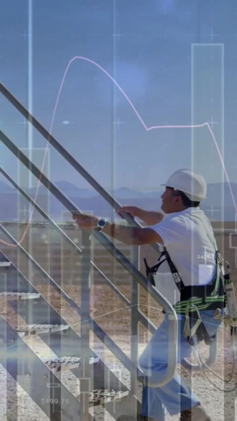 Vertical video: Tech climbing stairs for turbine repair after grabbing rail, Stock Footage 334396592