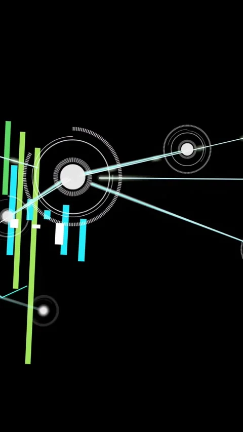Vertical video: Tech data node emitting cyan beams and pulsing rings, forming Stock Footage 333005900